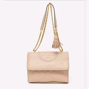 Tory Burch Designer Blush Pink Quilted Leather Large Fleming Shoulder Bag purse